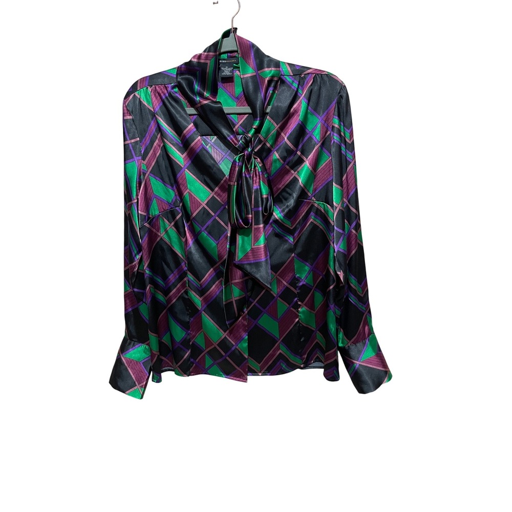BCBGMAXAZRIA XL Tie Neck Blouse Top Artsy Geometric Print Retro Chic Mod